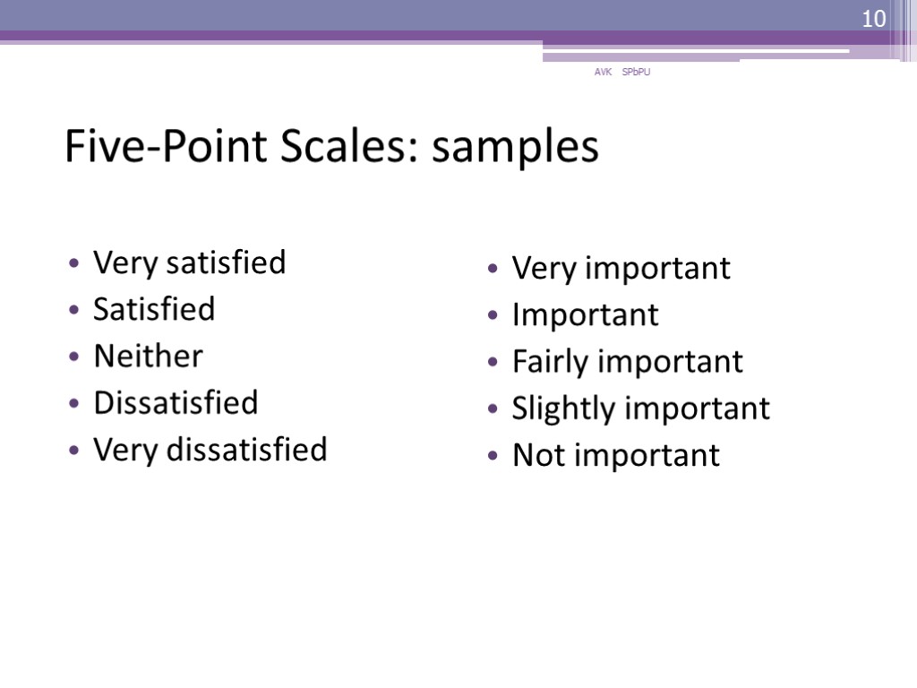 Five-Point Scales: samples Very satisfied Satisfied Neither Dissatisfied Very dissatisfied Very important Important Fairly